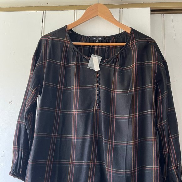 Madewell Shirred Peasant Top in Windowpane True Black XS - Picture 2 of 4